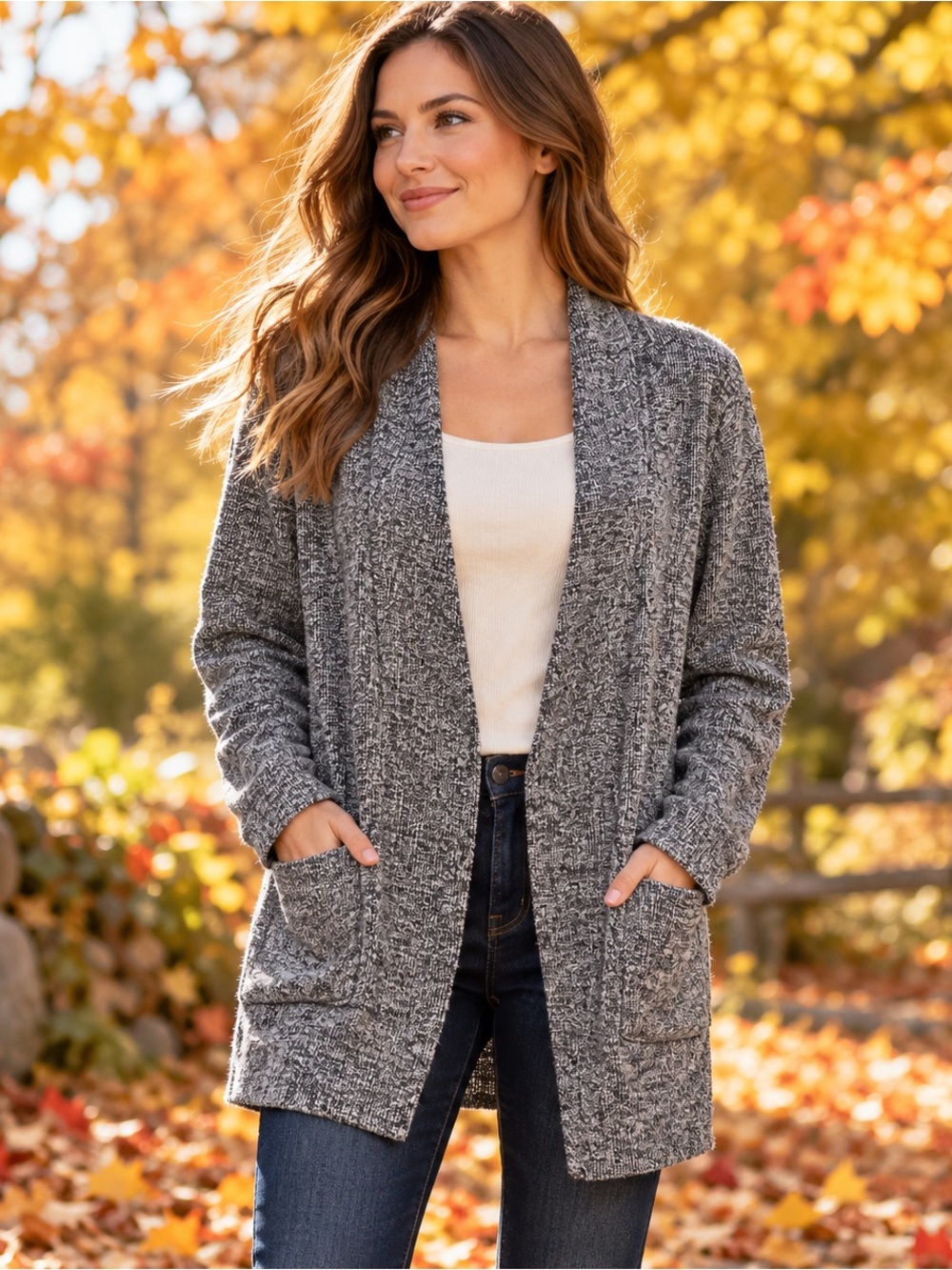 Roots Canada M Black White Marled Open Front Cardigan Sweater Jacket Fall